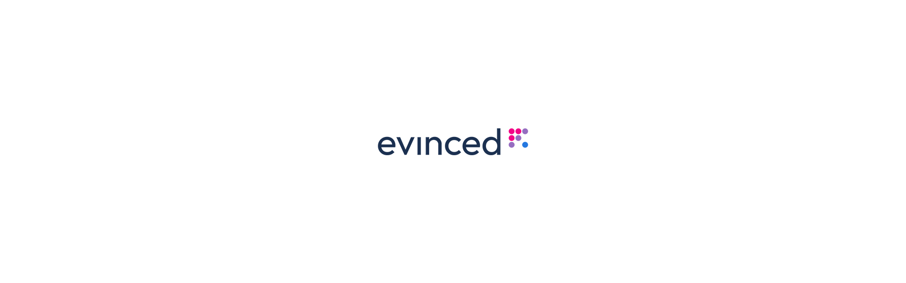 Logo lockup for Evinced, a digital accessibility company. On a white background, Evinced appears in navy blue letters, alongside an arrow made of pink, purple, and blue dots.