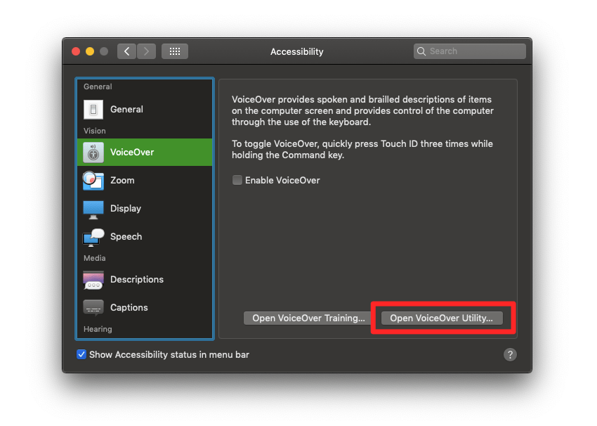 Mac OS, accessibility settings window, open VoiceOver utility settings