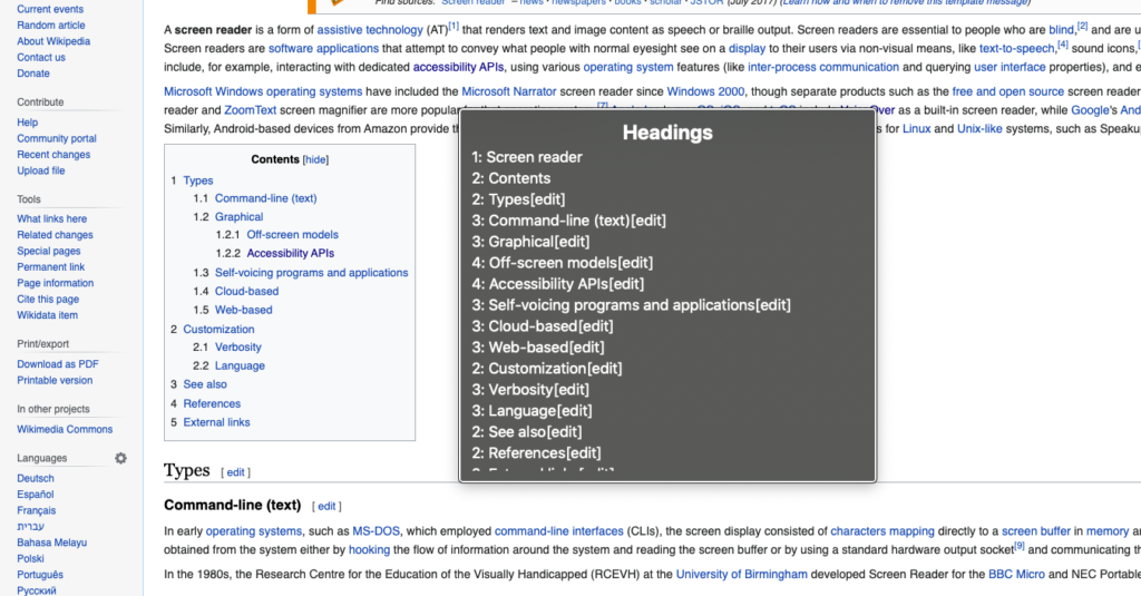 VoiceOver rotor, headings list on a Wikipedia page. 
