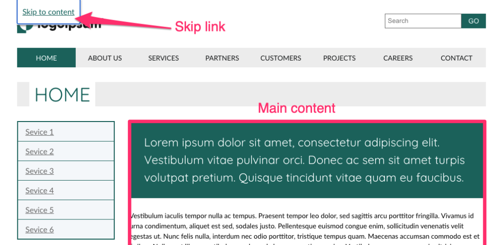 A screenshot of a web page with a skip link 