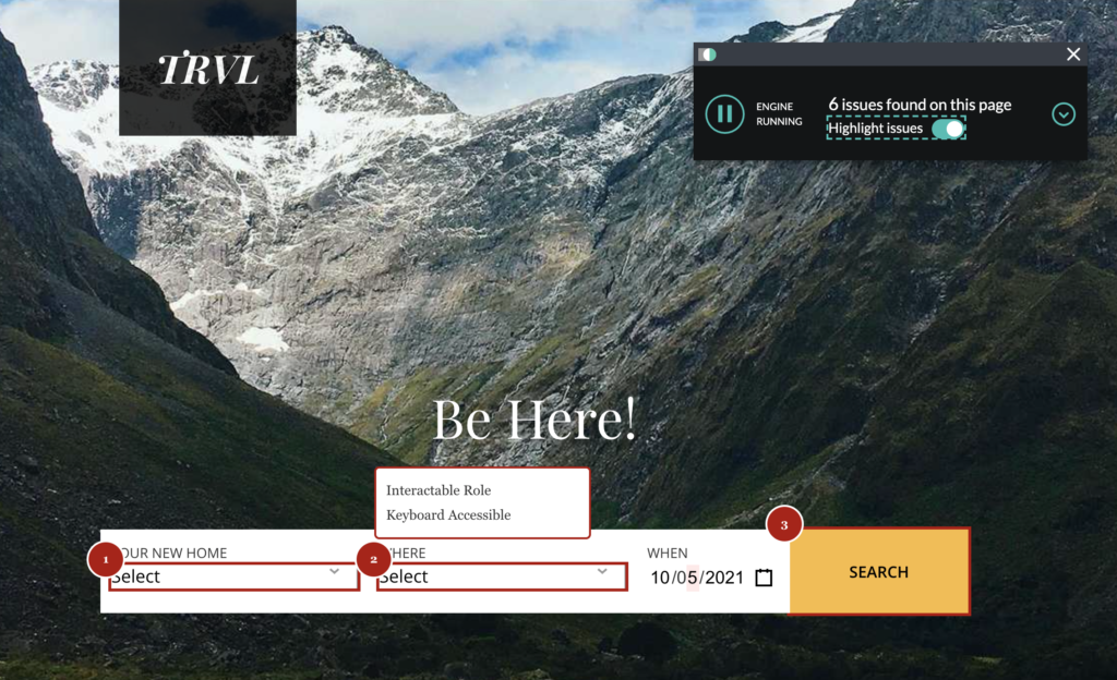 A home page of an example tourism website after starting the Evinced Flow Analyzer for Web. On the bottom of the screen there is a form with a few elements marked by a red frame and a number that represents the issue ID. above one of the form fields there is a tooltip with 2 issue names “Interactable Role” and “Keyboard Accessible”. On the top right of the screen the Evinced Flow Analyzer for Web is showing a total of 6 issues that were found on the page. 