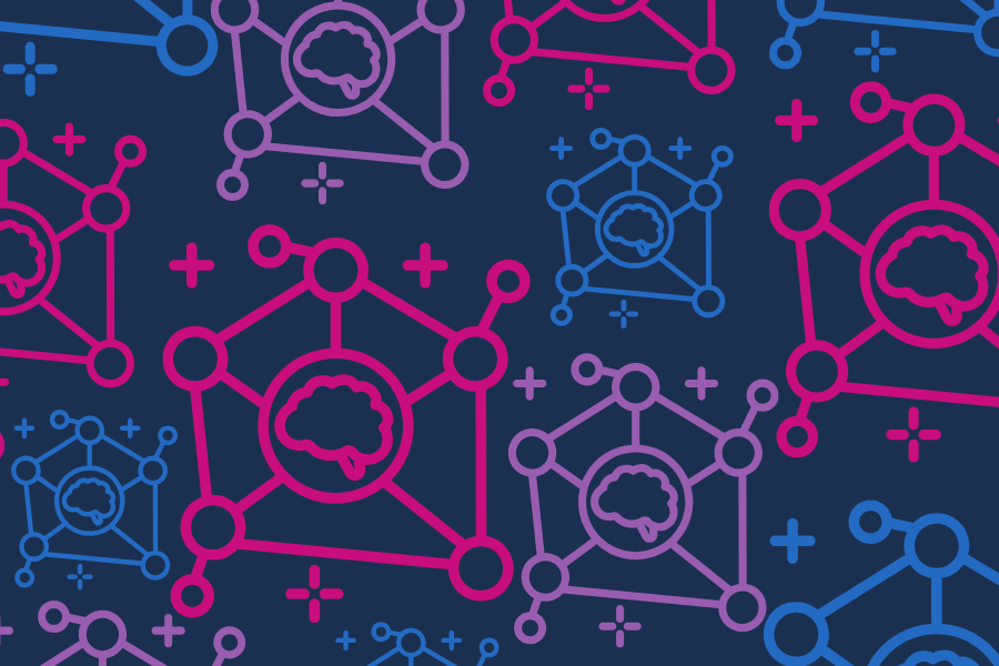 colorful drawings of neural network nodes on dark blue background