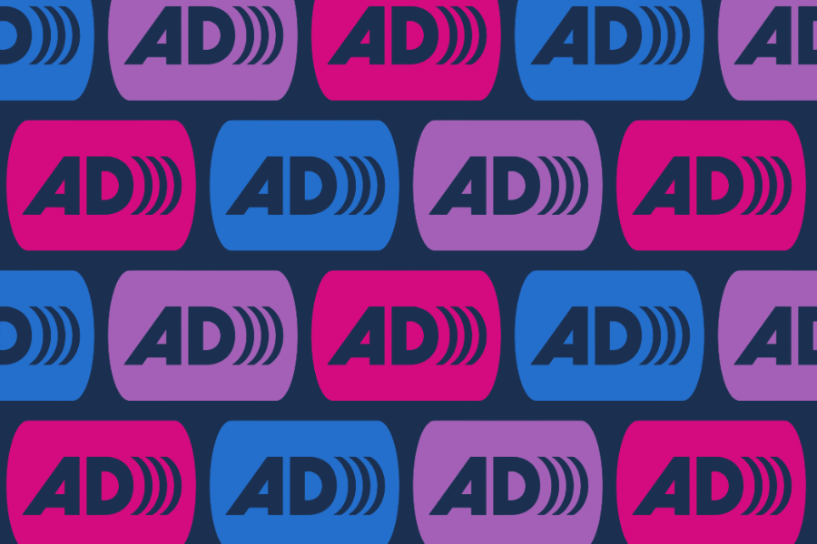 Multi-color audio description icons on navy blue background