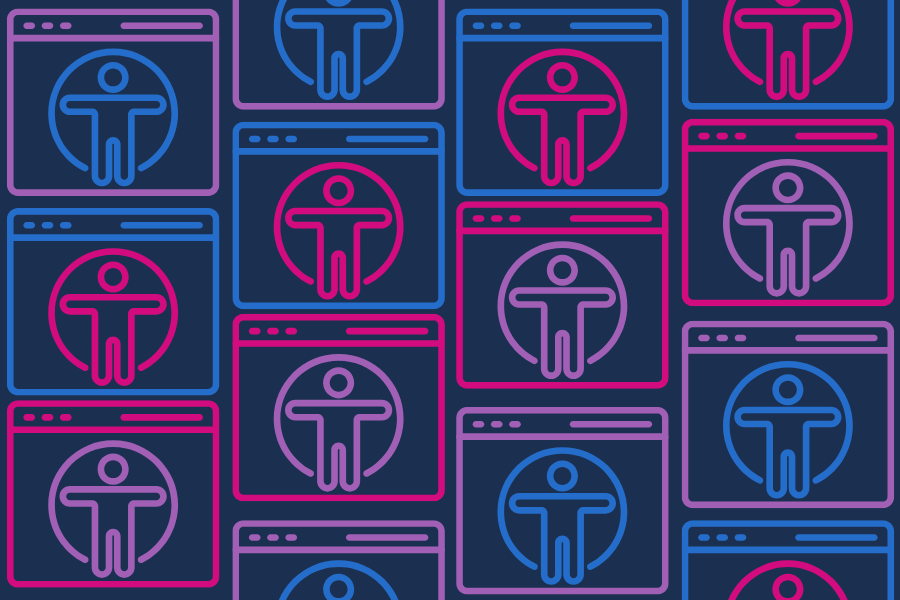 Decorative pattern of a11y icon within a computer screen in pink, purple, and blue.