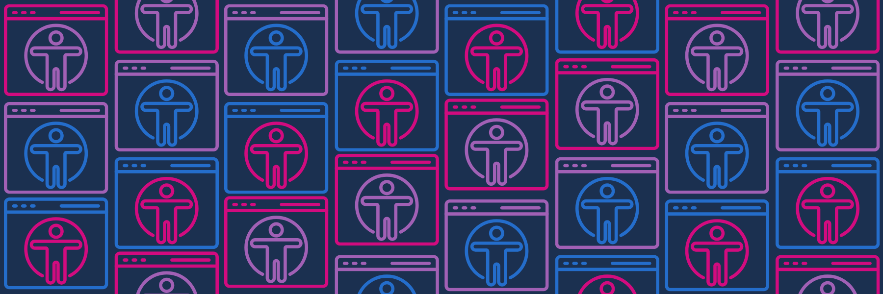 Decorative pattern of a11y icon within a computer screen in pink, purple, and blue.